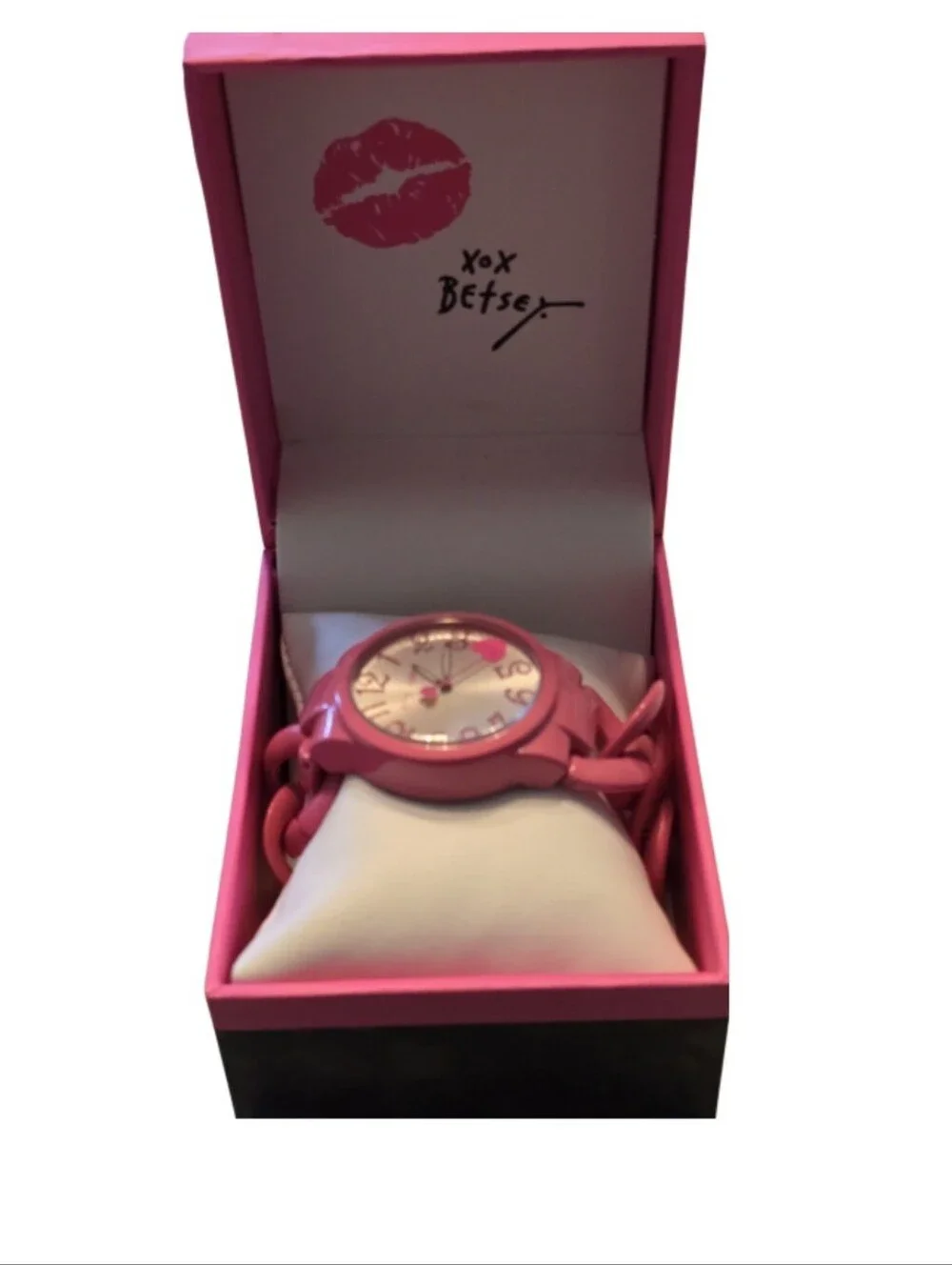 Betsey Johnson Watch Curb Chain Wristwatch Quartz Movement Pink Strap Works